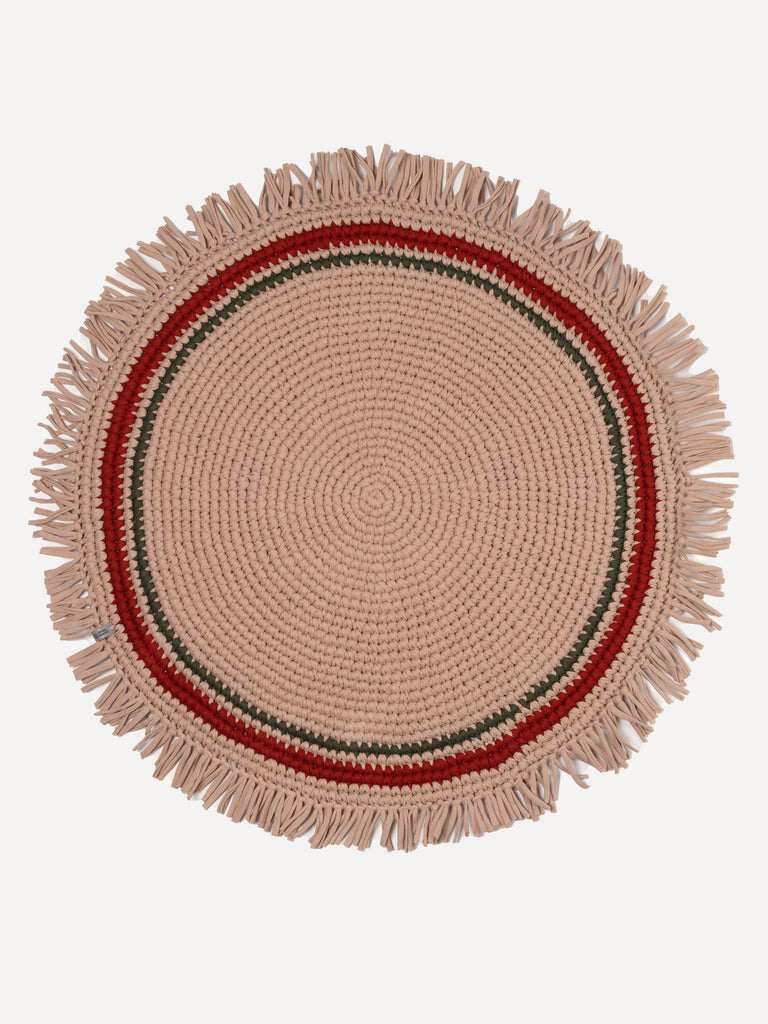 Fringed area rug in camel beige with green and maroon sripes Anzy Home