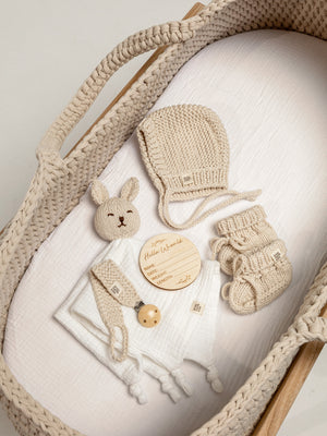 Boho baby arrival gift set with bonnet, booties and comforter in sand – Anzy Home