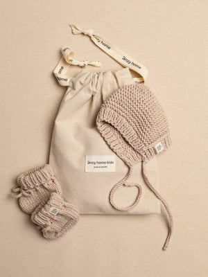 Sand hand-knitted baby bonnet and booties with drawstring gift pouch – Anzy Home