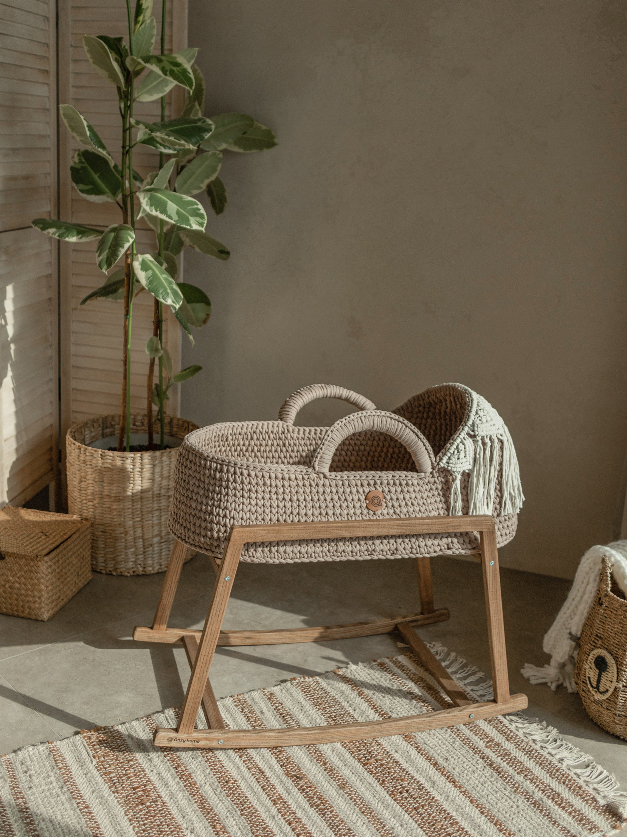 Baby Boho Moses Basket with Macrame Hood Handmade by Anzy Home