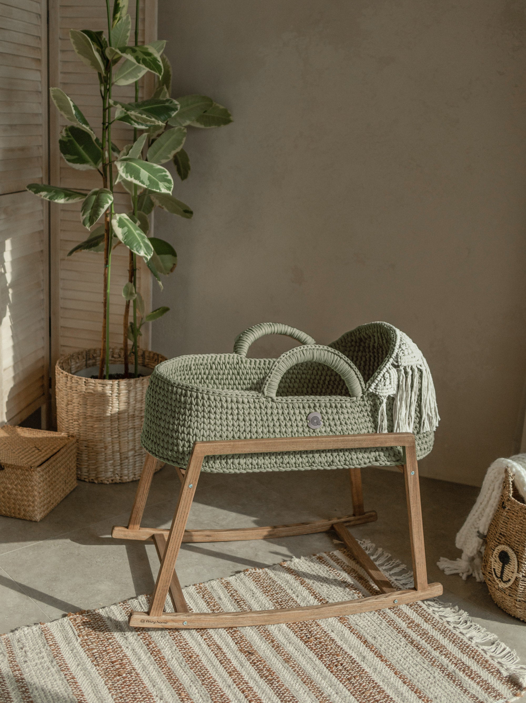 Anzy Home Doll Moses Basket w/Rocking Stand in Sage Green at Nordstrom