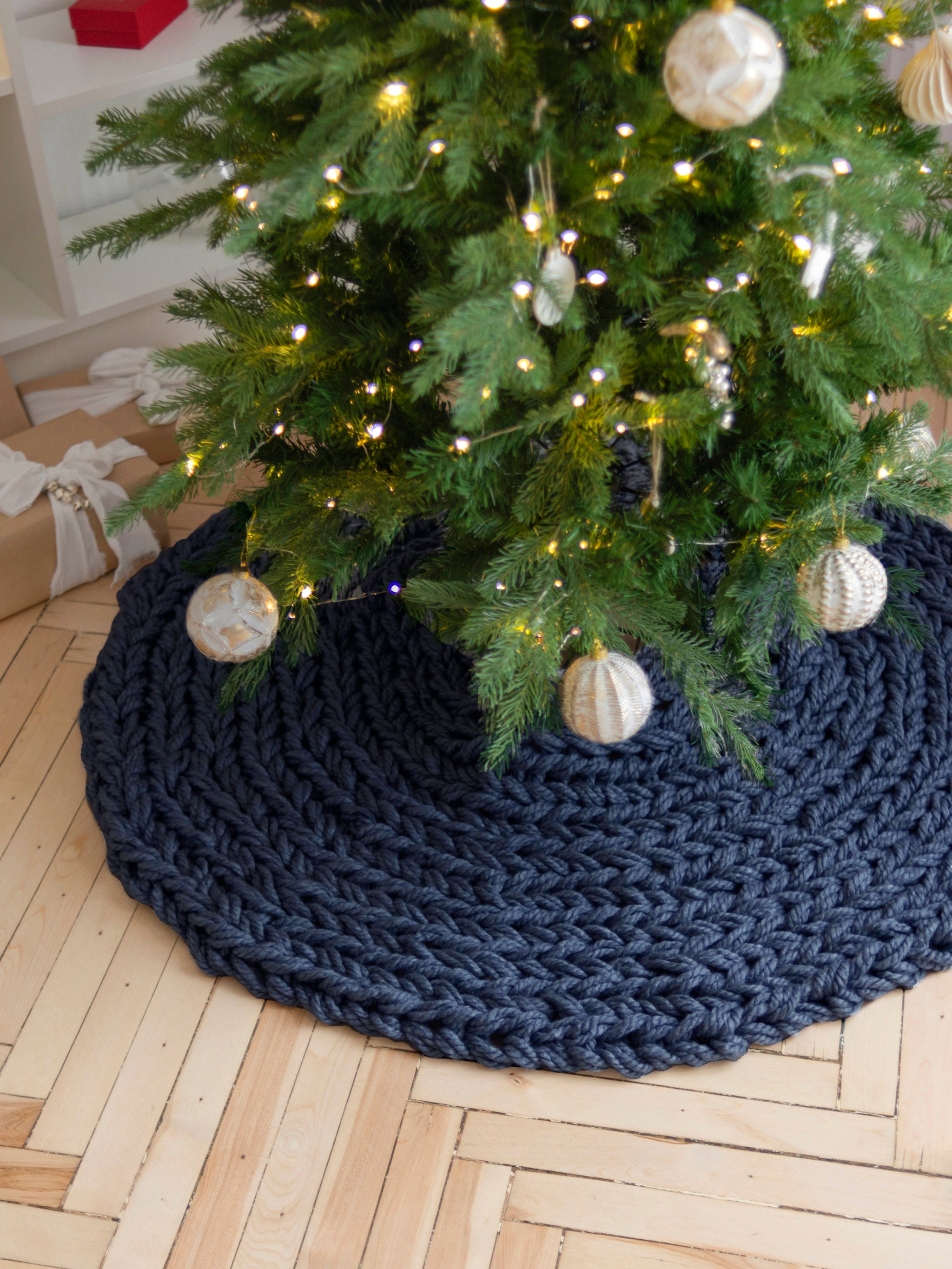 Navy Blue Chunky Knitted Christmas Tree Skirt In Stock USA