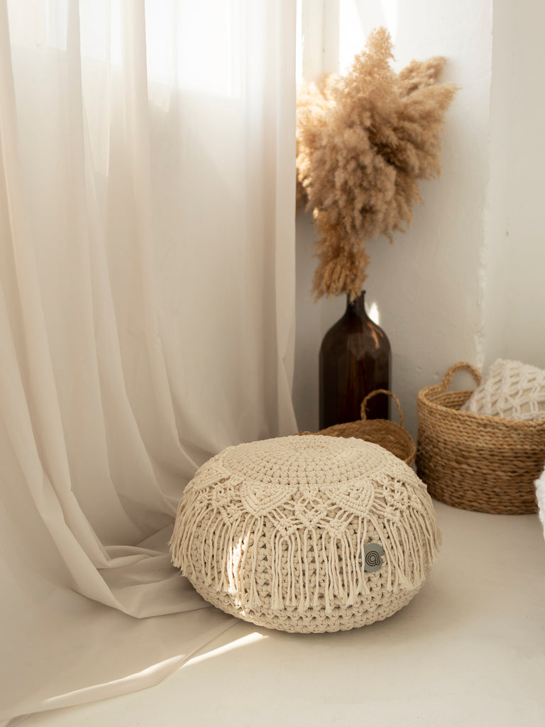 Boho pouf with macrame decor