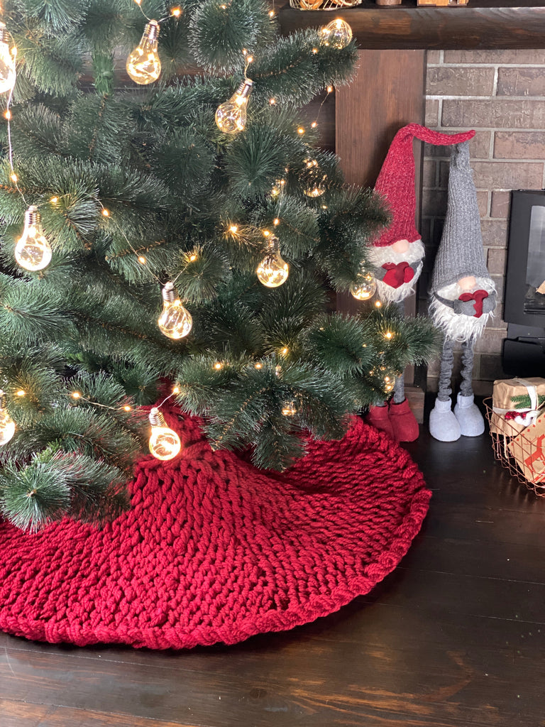 Red knitted Christmas tree skirt