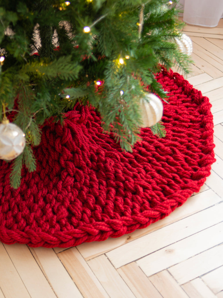 red chunky knit Christmas tree skirt