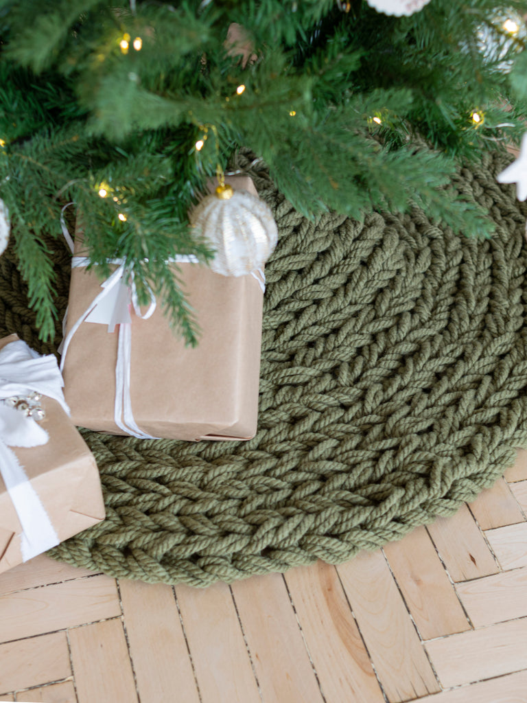 Khaki green knitted Christmas tree skirt Anzy Home