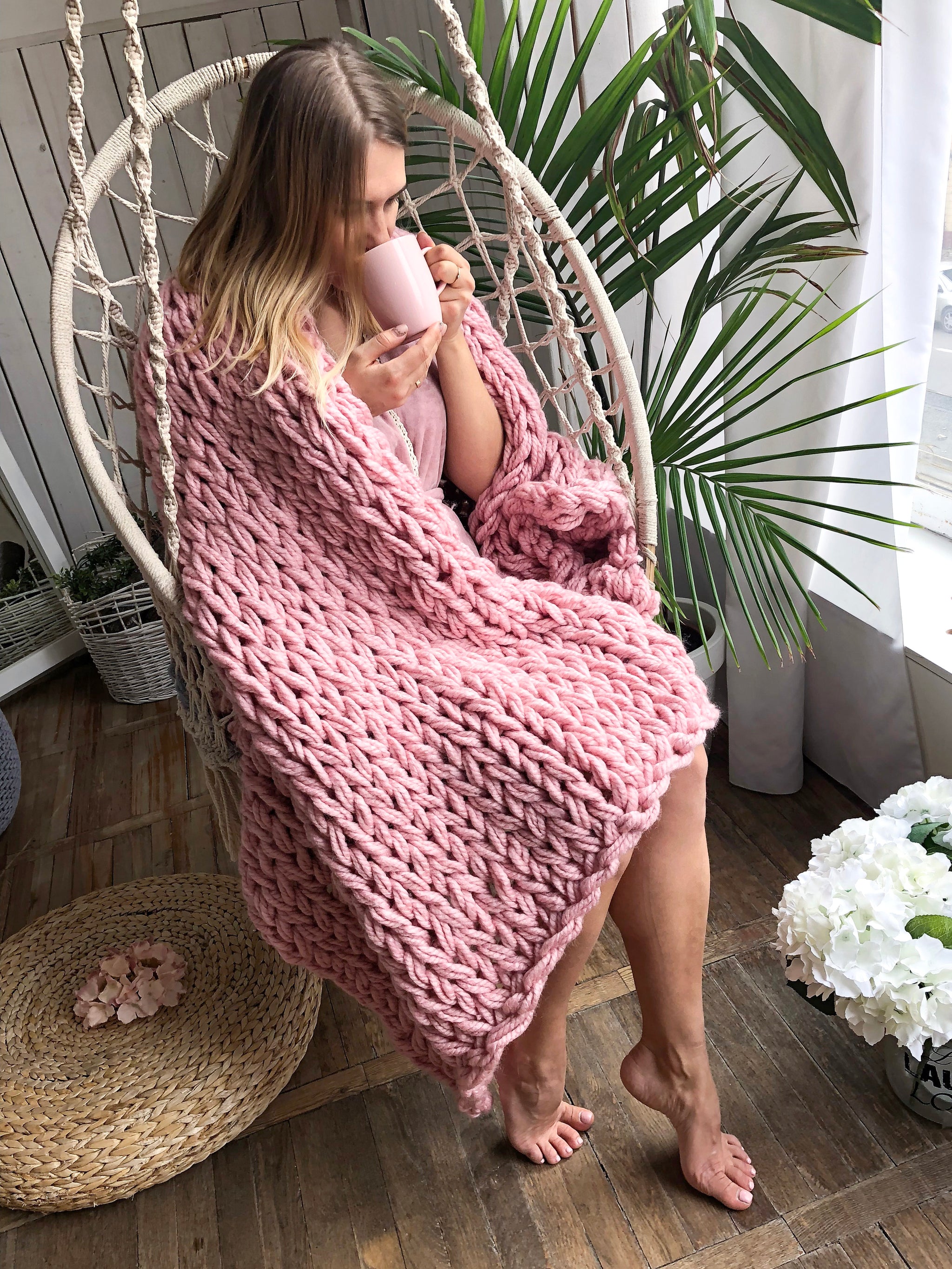 Handmade Knitted Pink Chunky Knit Throw Primark Light Pink Knit